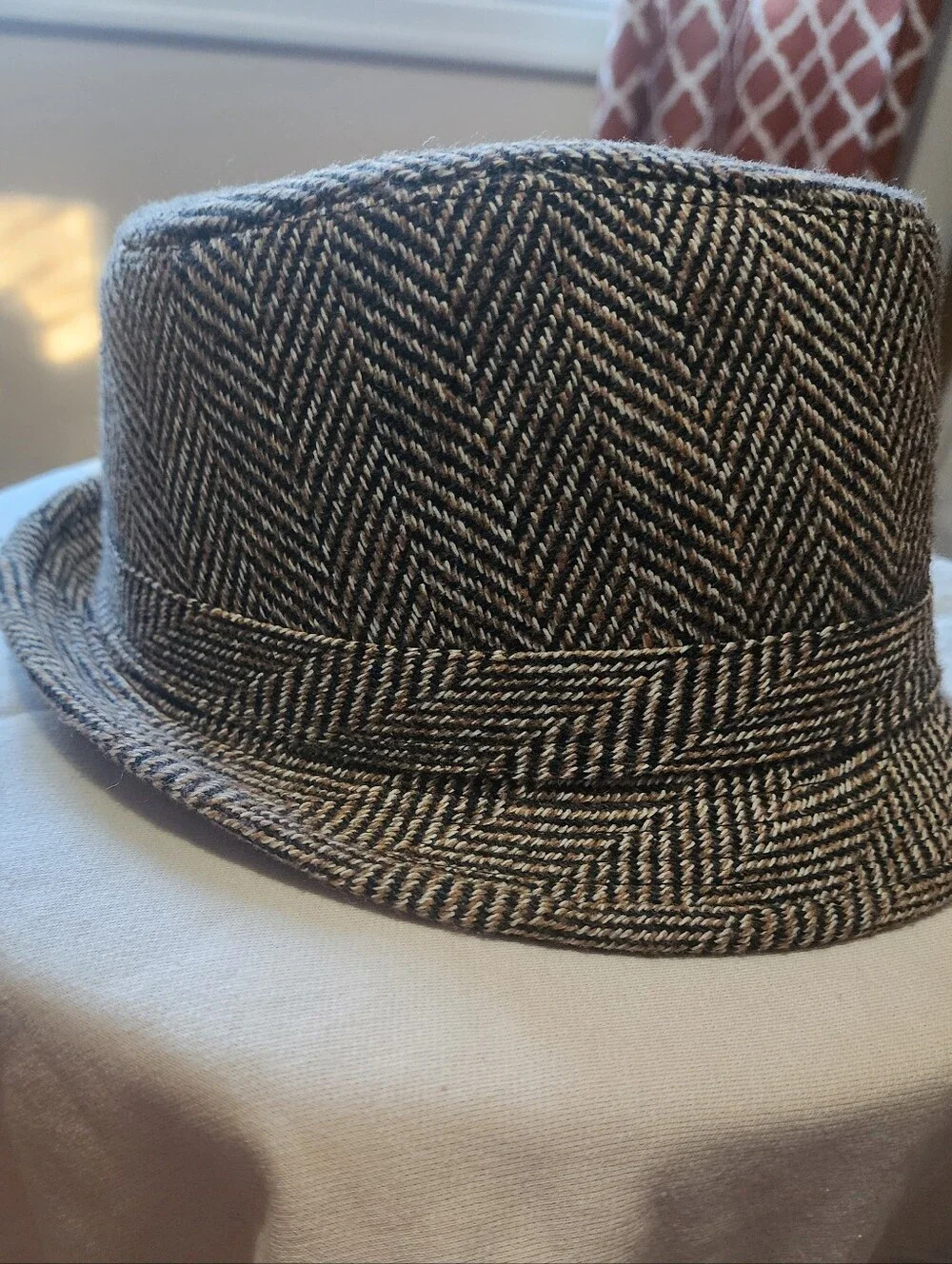 Herringbone Pattern Fedora Hat - Black & Cream, with hint light brown